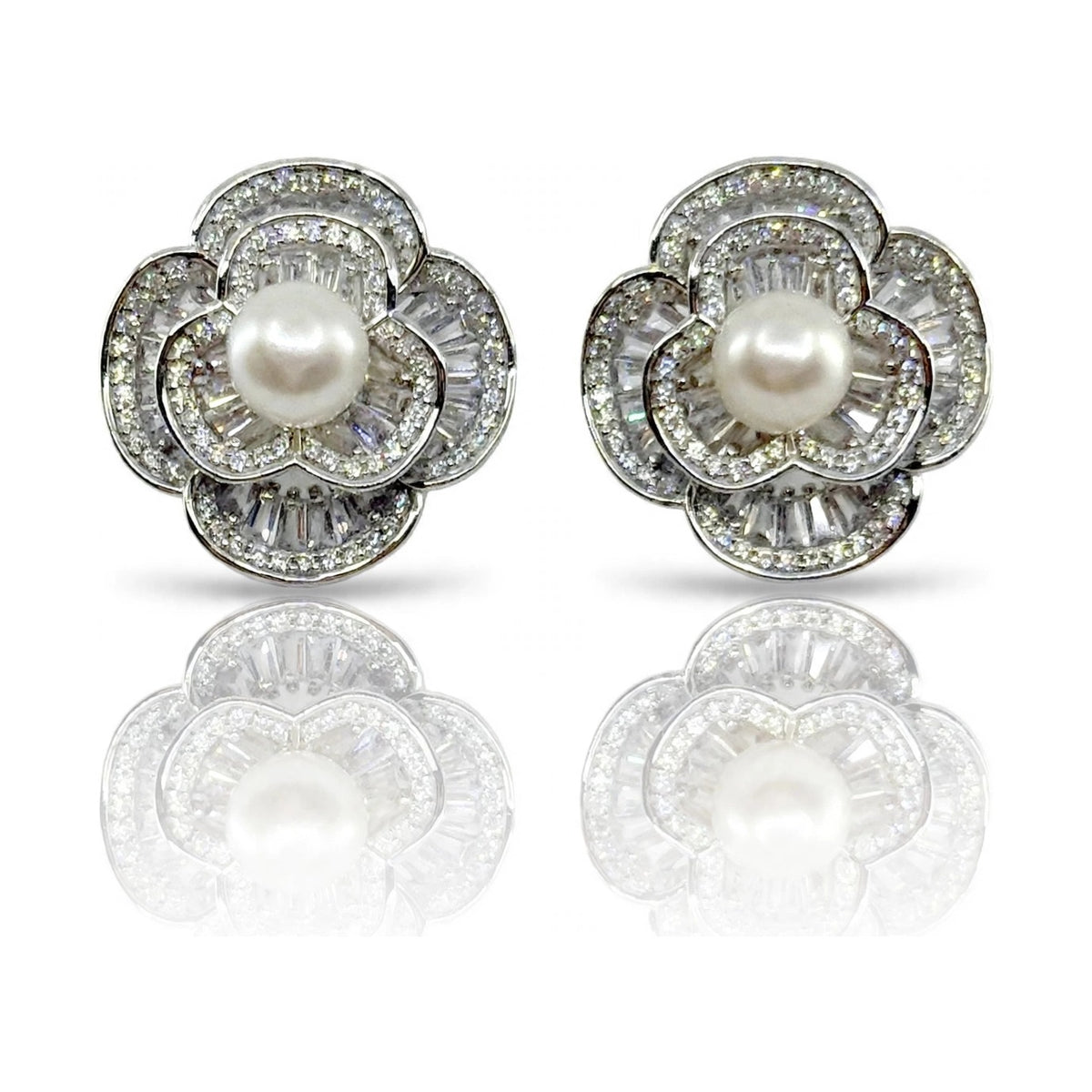 Camellia Pearl Stud Earrings, Clear White