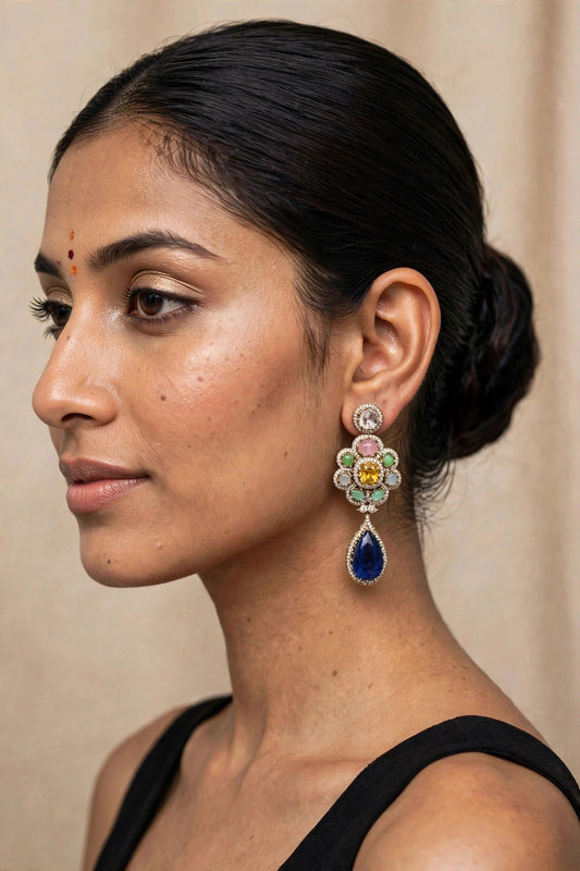 Model wearing Blue Teardrop Floral Earrings