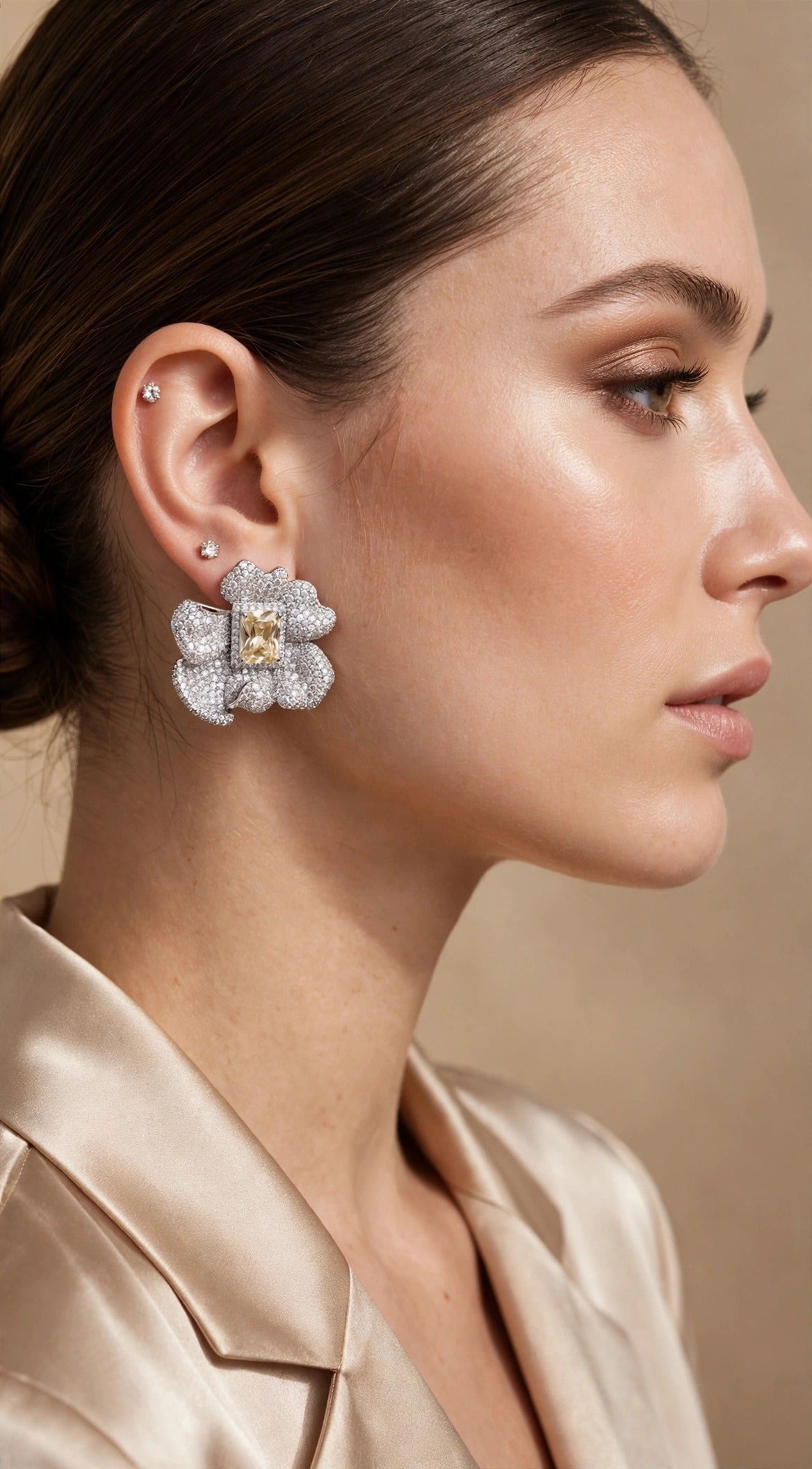 Pavé Bloom Stud Earrings — worn, Champagne
