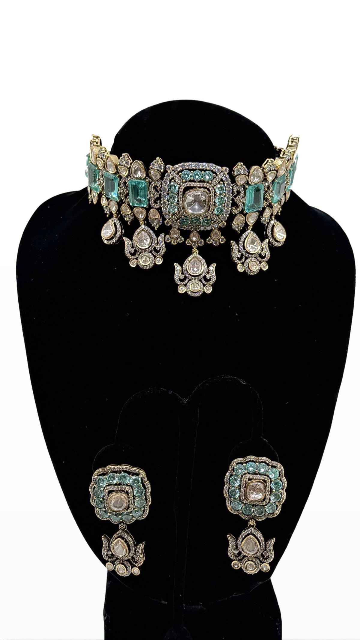 Aqua Polki Choker Set necklace and earrings on clean background