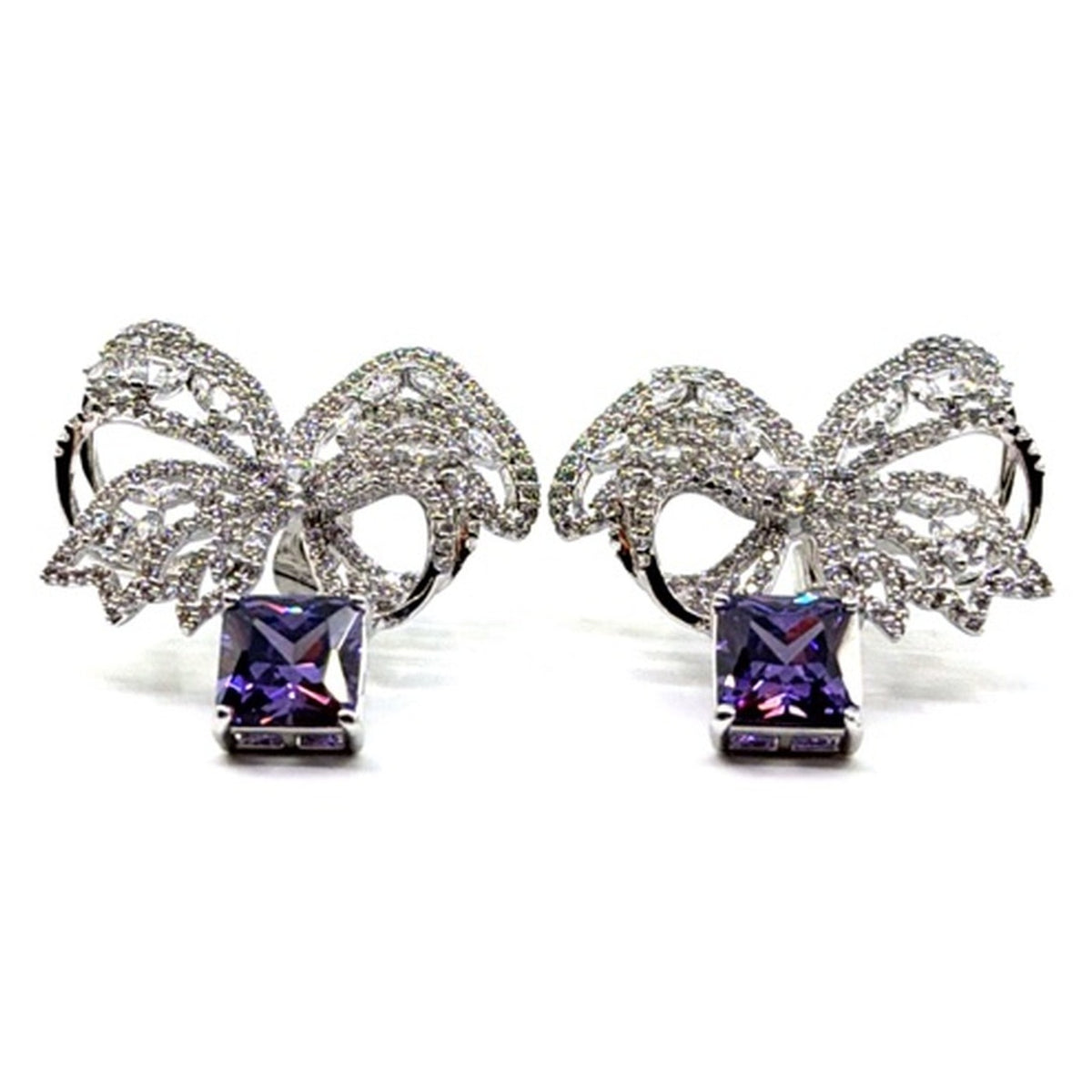 Pavé crystal bow drop earrings in purple, front pair view