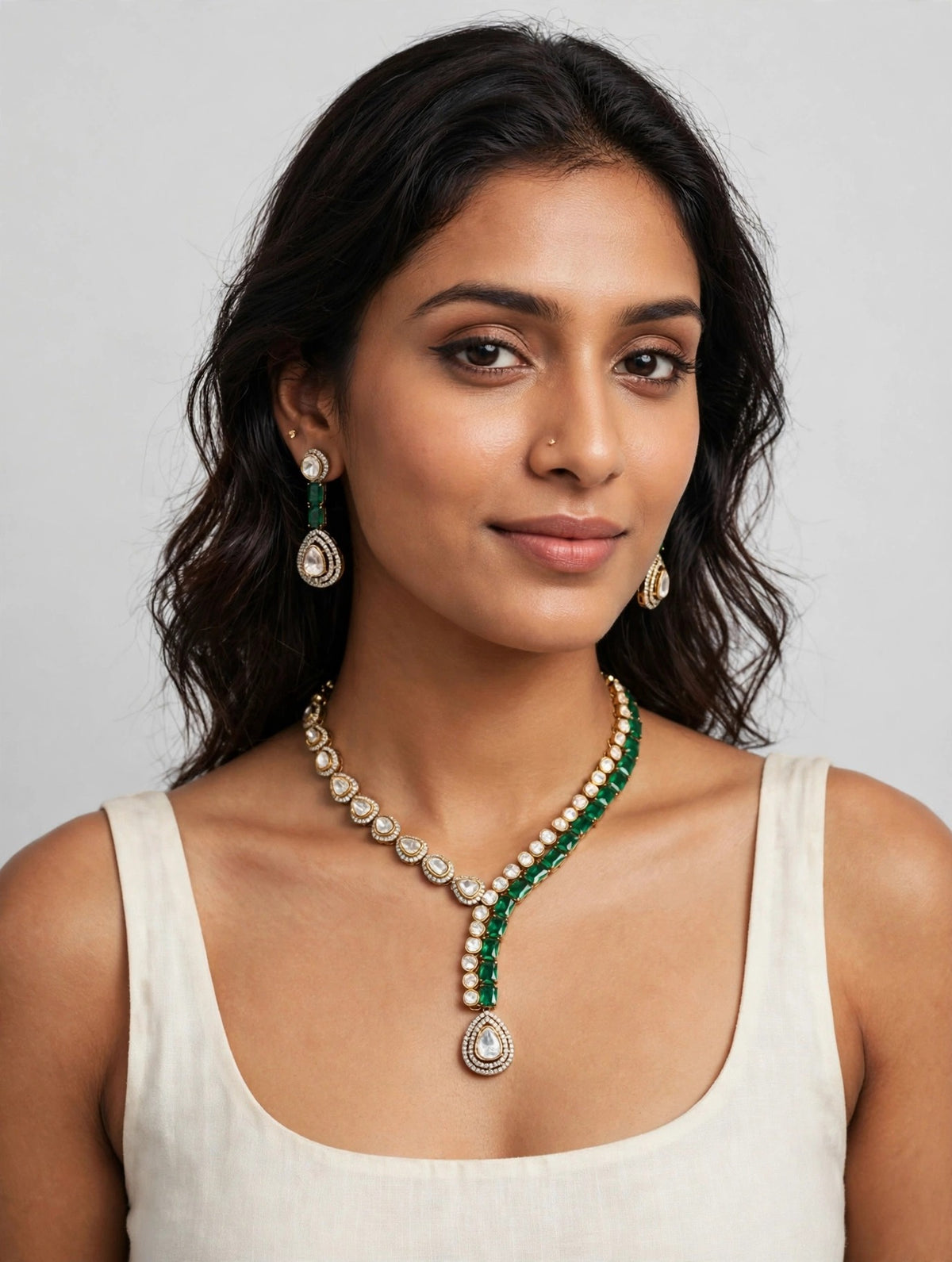 Emerald Polki Y-Neck Set worn on model