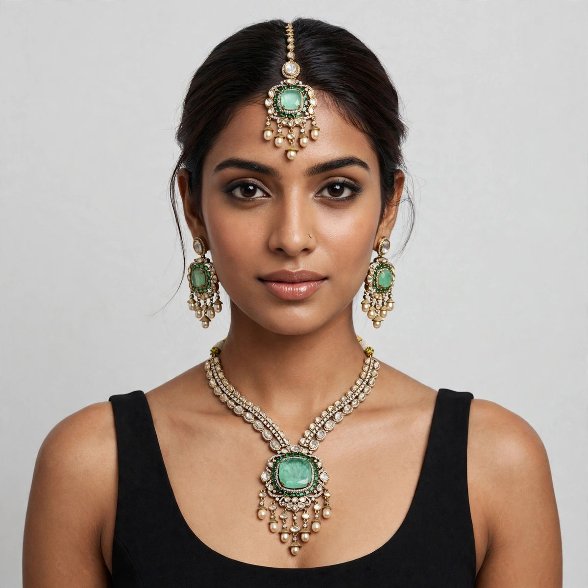 Mint Cushion Polki Bridal Set worn on model