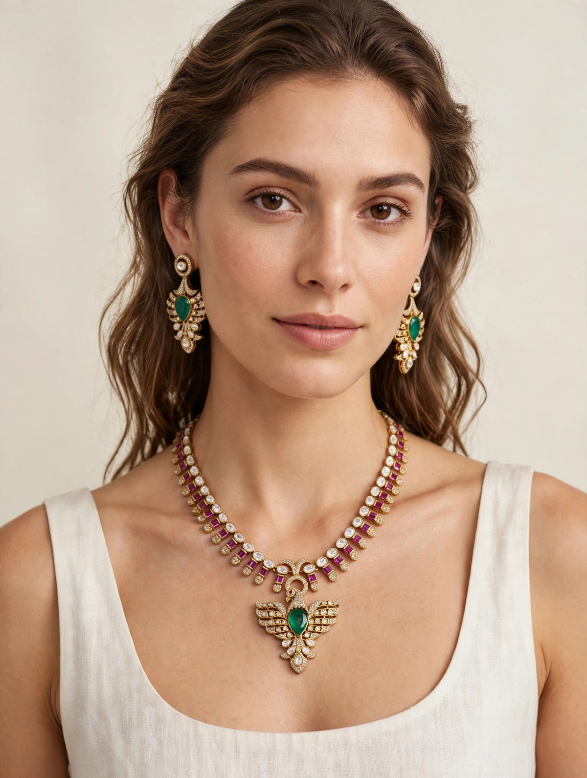 Emerald Swan Polki Set worn on model