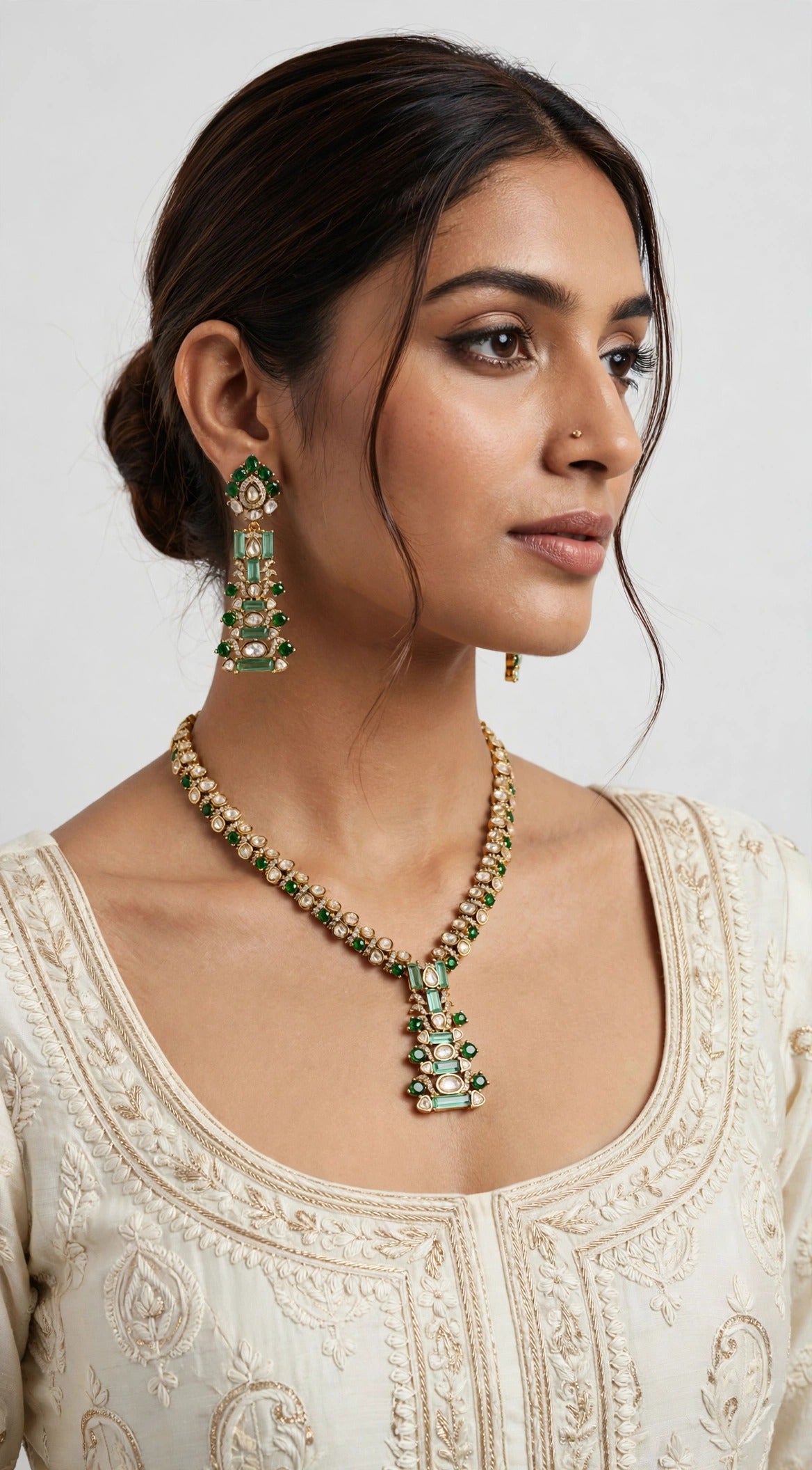 Emerald Tier Polki Set worn on model with ivory outfit