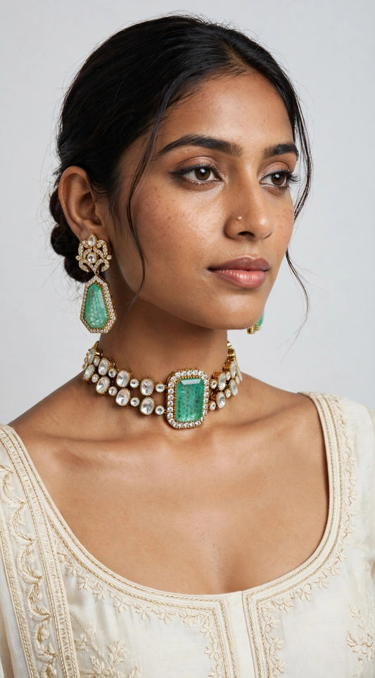 Mint Rectangle Polki Choker Set worn on model with ivory outfit