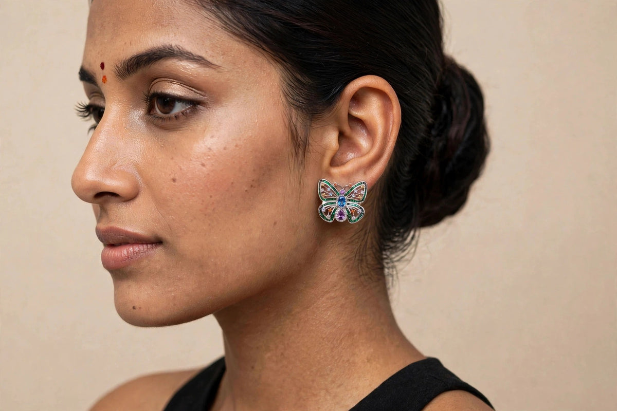 Model wearing Multicolor Butterfly Stud Earrings