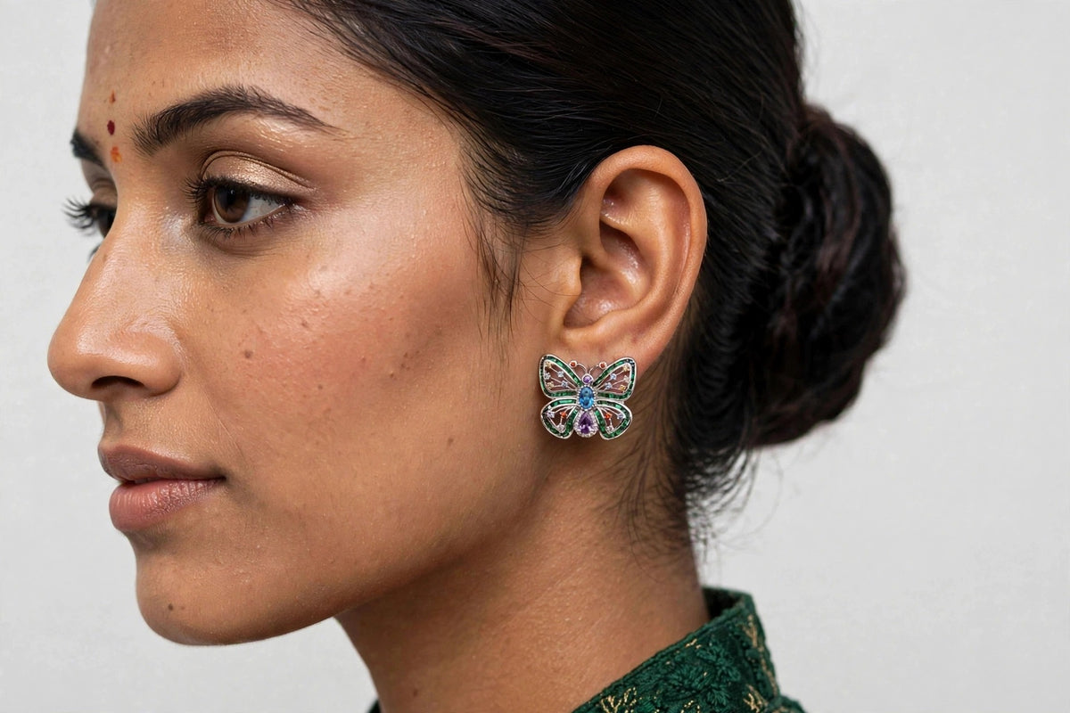 Model wearing Multicolor Butterfly Stud Earrings
