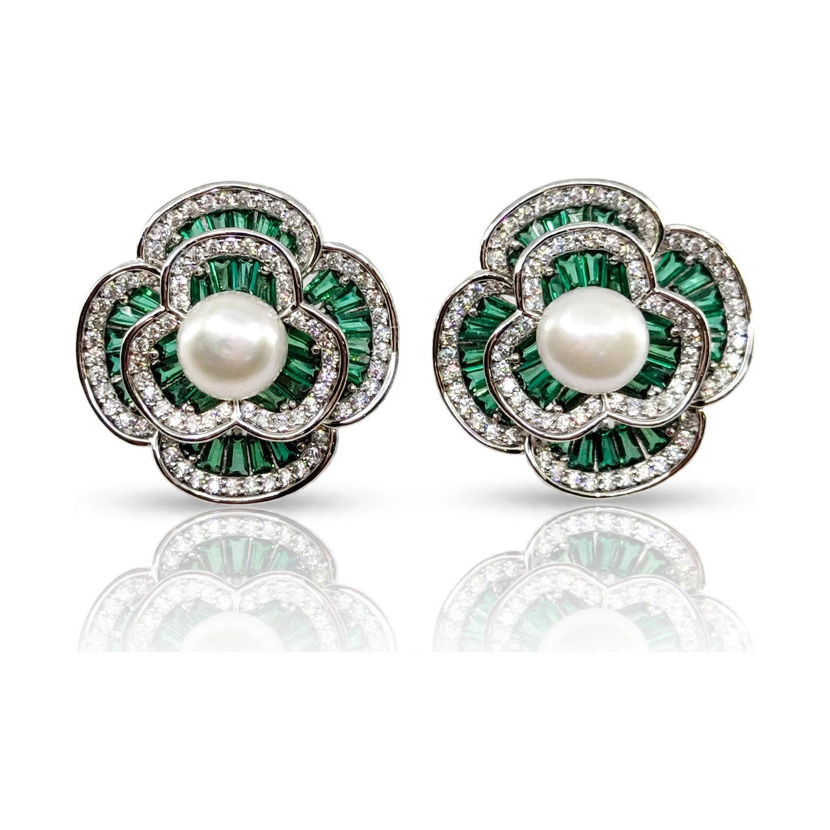 Camellia Pearl Stud Earrings, Emerald Green