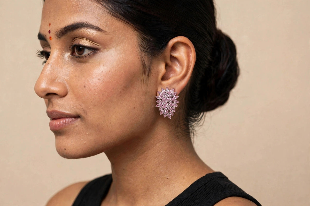 Model wearing Pink Marquise Cluster Stud Earrings