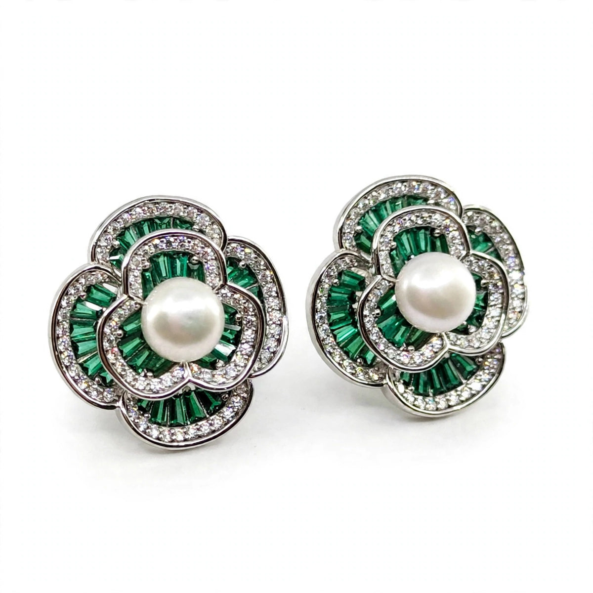 Camellia Pearl Stud Earrings, angled view