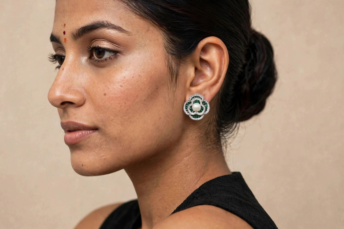 Model portrait wearing Camellia Pearl Stud Earrings