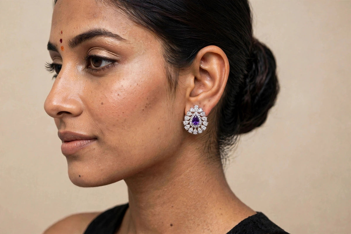 Model portrait wearing Teardrop Cluster Stud Earrings