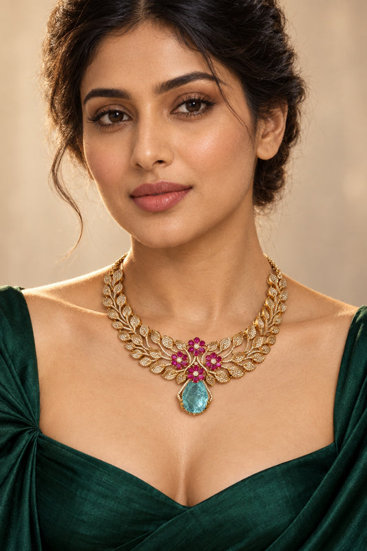 Aqua Blossom Necklace on model