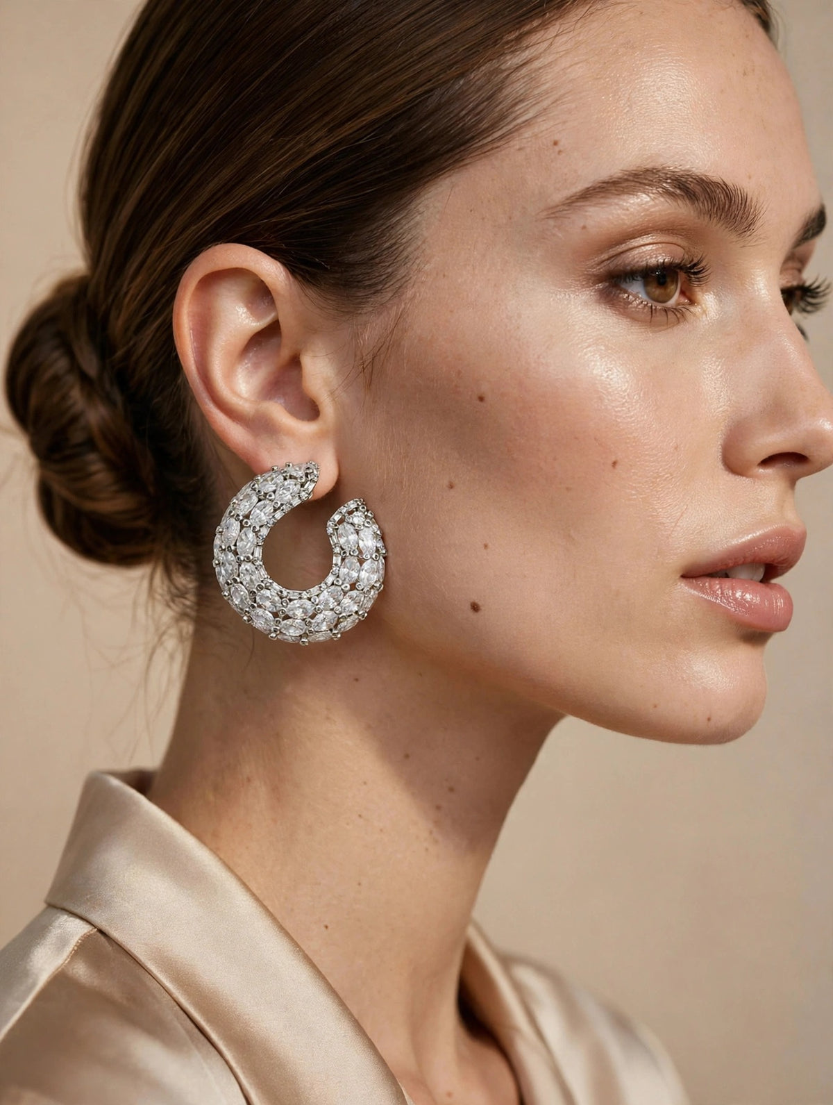 Celeste Pavé Crescent Hoop Earrings — worn, side profile