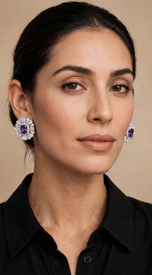 Aurora Cluster Stud Earrings — worn, Purple