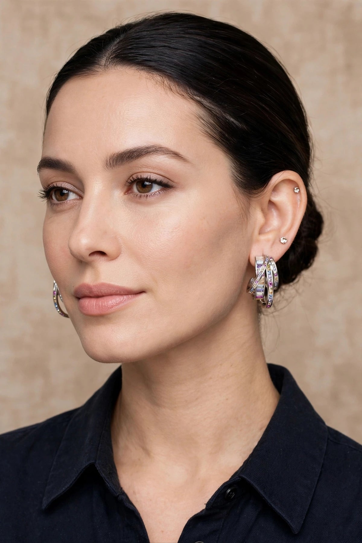 Prism Twist Hoop Earrings — worn