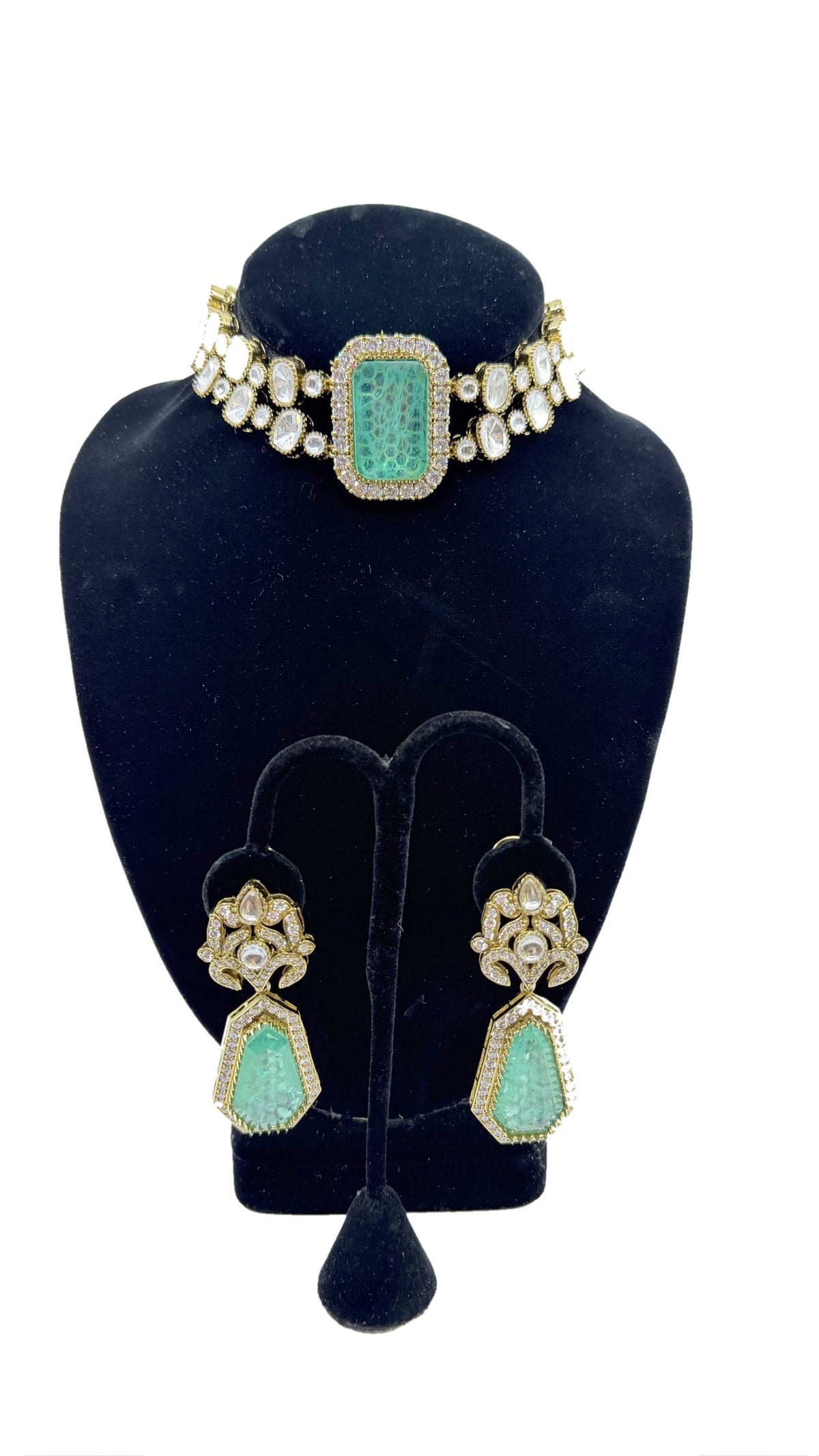 Mint Rectangle Polki Choker Set necklace and earrings on clean white background