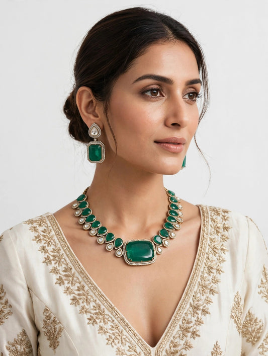 Emerald Cushion Set worn on model - ivory outfit
