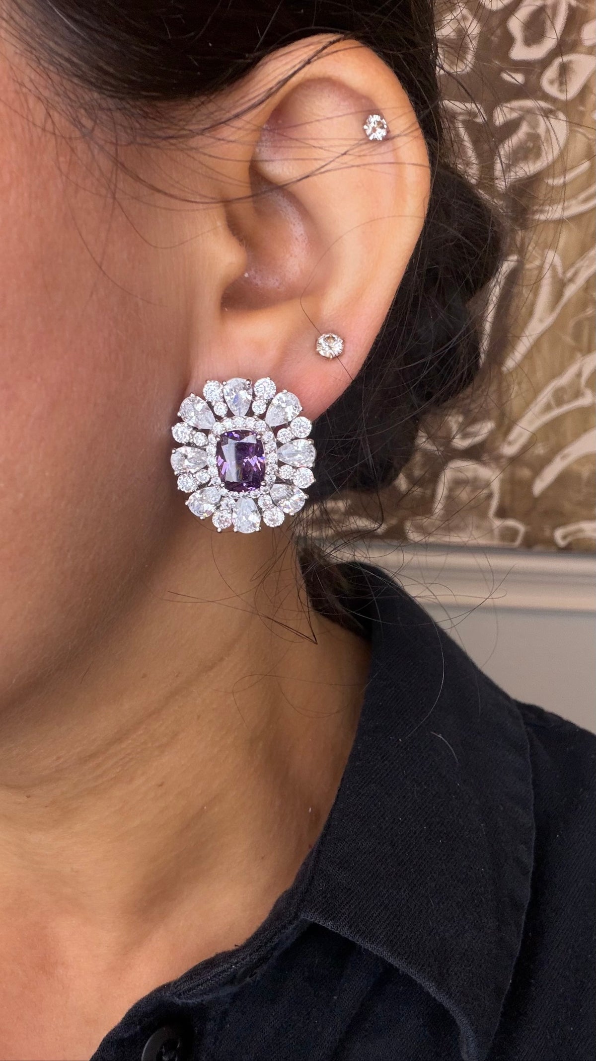 Aurora Cluster Stud Earrings — on ear, Purple