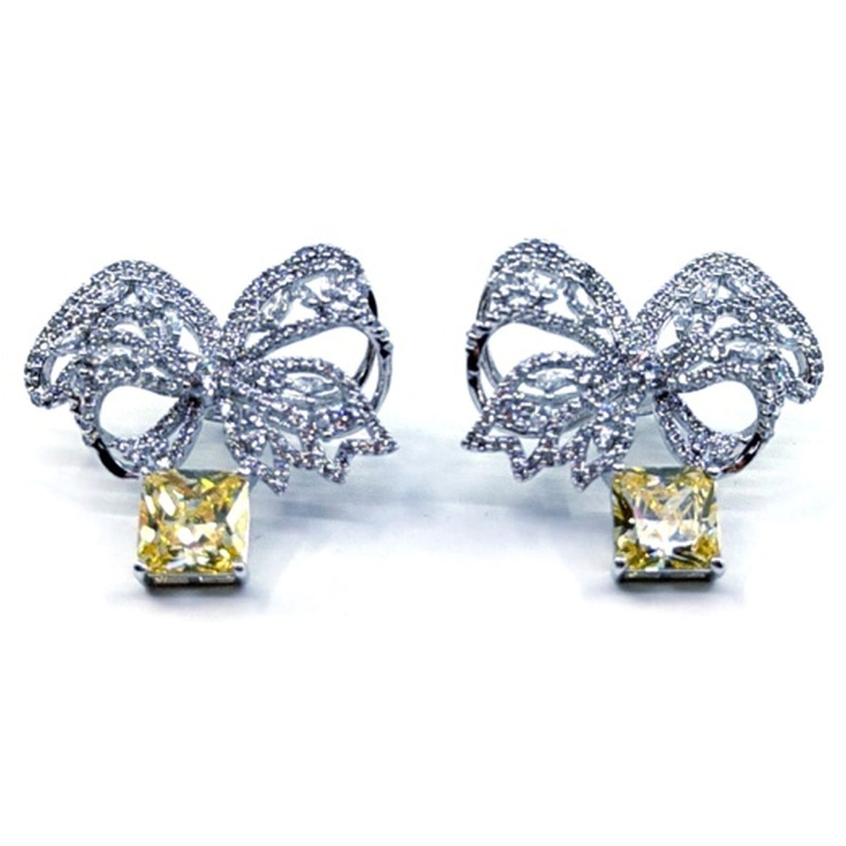 Pavé crystal bow drop earrings in champagne, front pair view