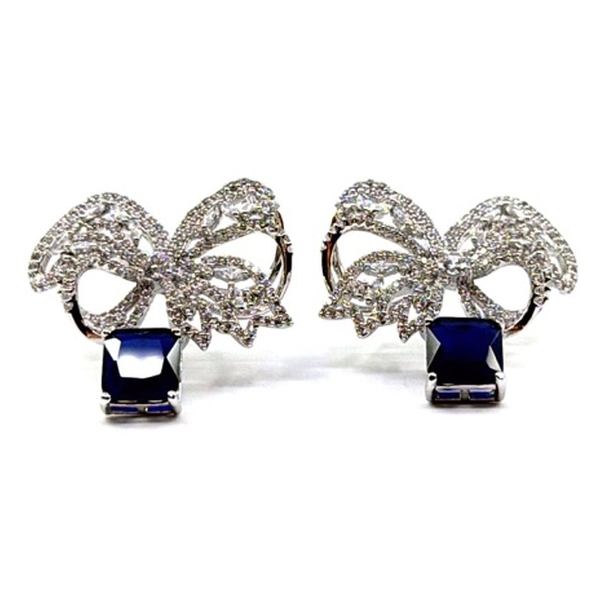 Pavé crystal bow drop earrings in sapphire blue, front pair view