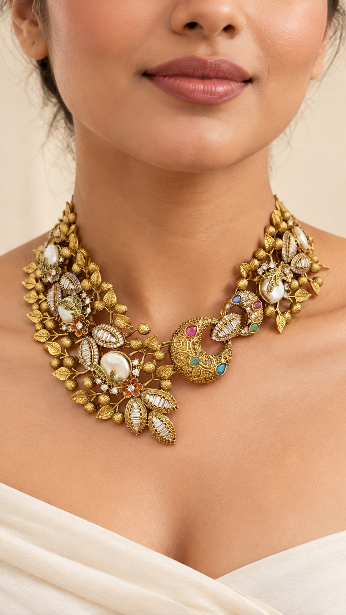 Model wearing the baroque pearl leaf necklace set, close-up