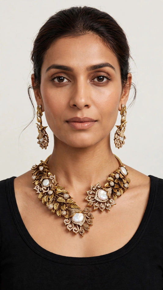 Moti Leaf Pearl Set worn on model