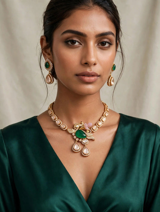 Peacock Emerald Polki Set worn on model - emerald green outfit