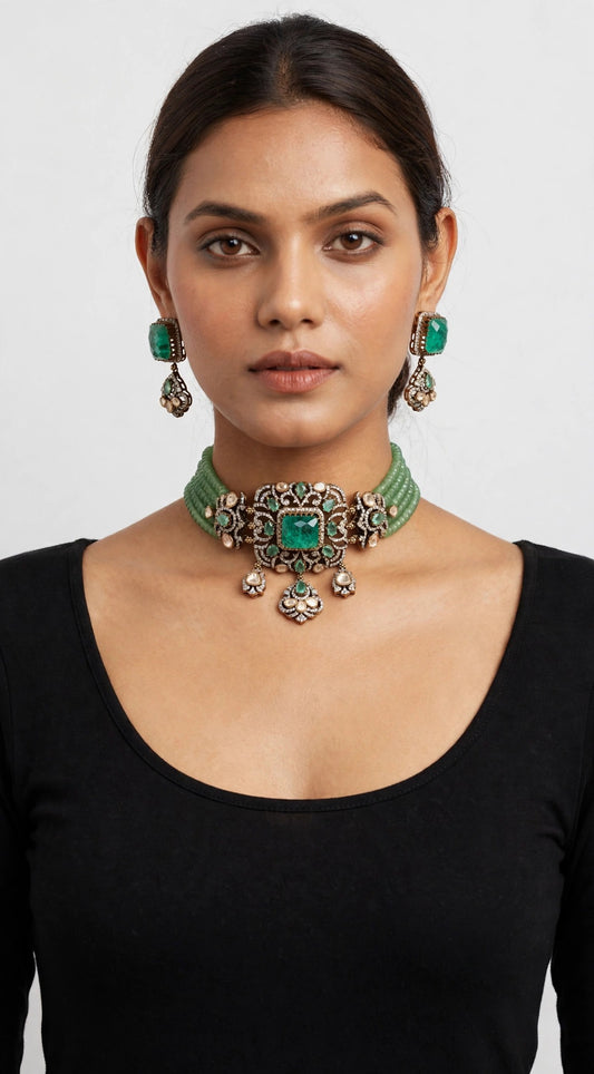 Mint Bead Polki Choker Set worn on model