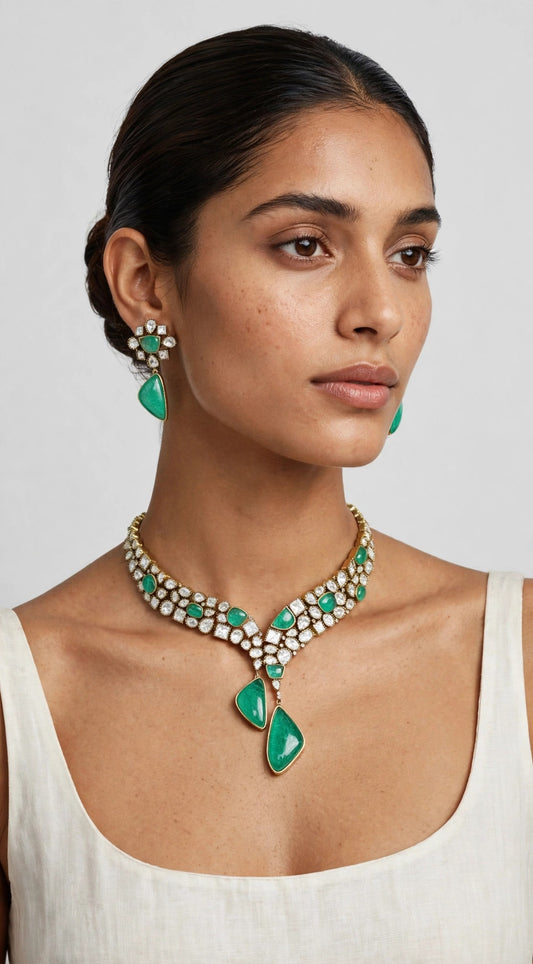 Emerald Cascade Polki Set worn on model