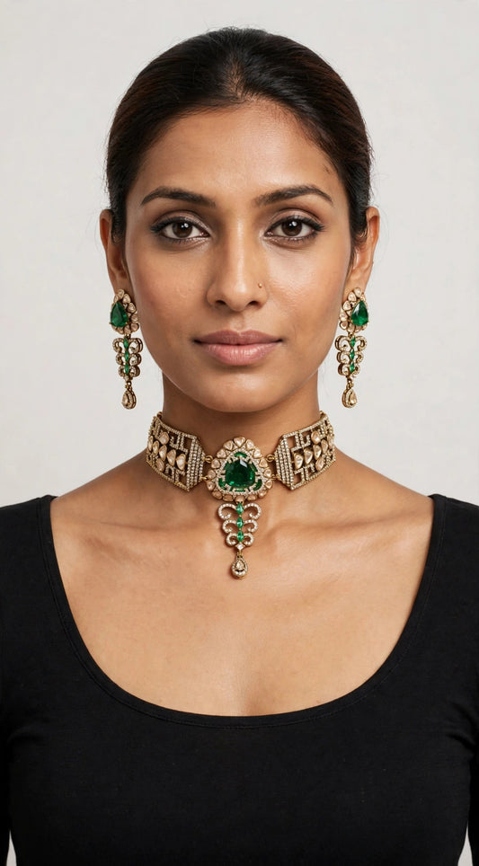 Emerald Lattice Polki Choker Set worn on model