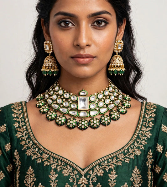 Emerald Enamel Polki Set worn on model