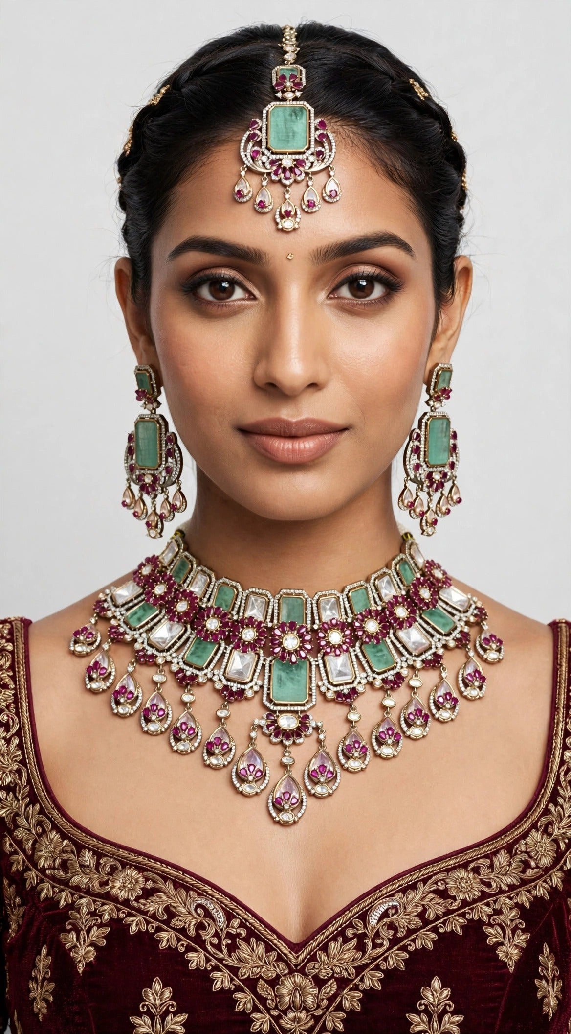 Emerald Ruby Bridal Set worn on model with maang tikka