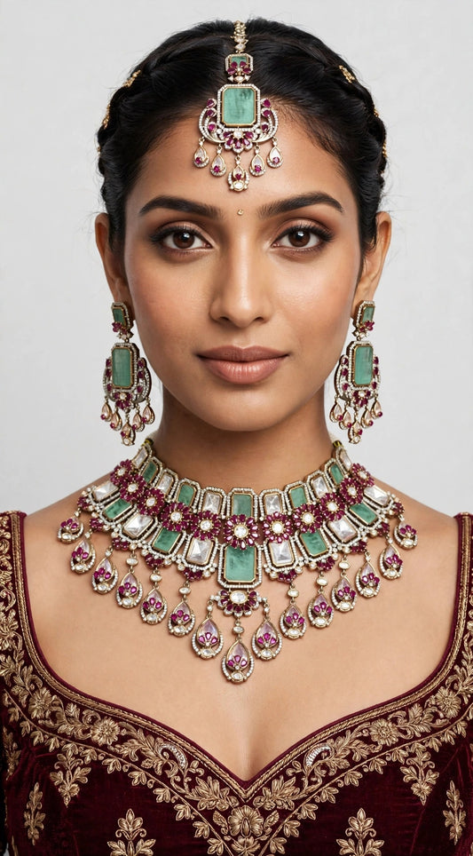 Emerald Ruby Bridal Set worn on model with maang tikka