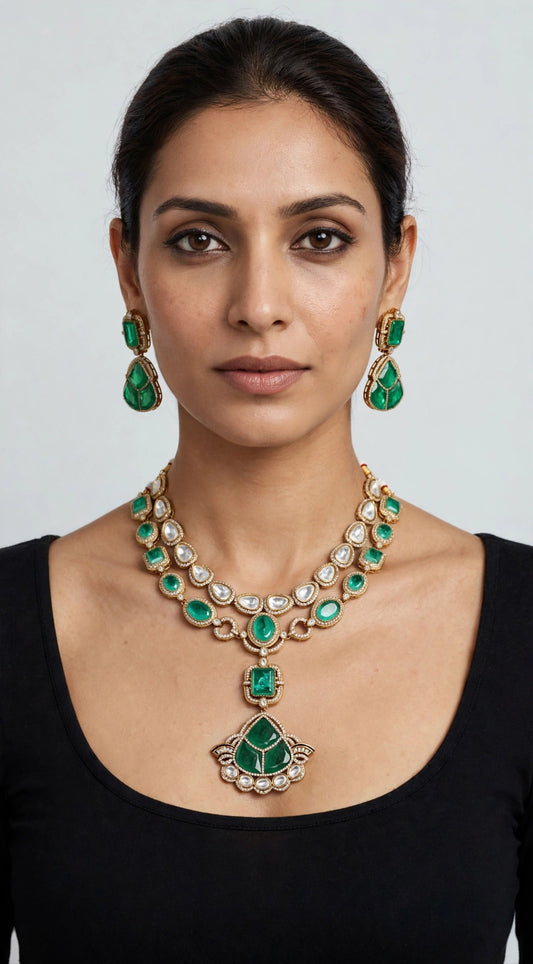 Emerald Fan Polki Set worn on model