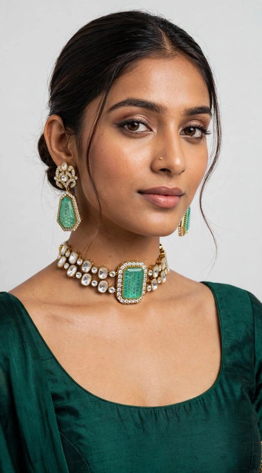 Mint Rectangle Polki Choker Set worn on model