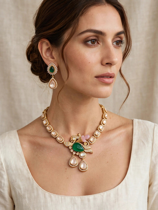 Peacock Emerald Polki Set worn on model - ivory outfit