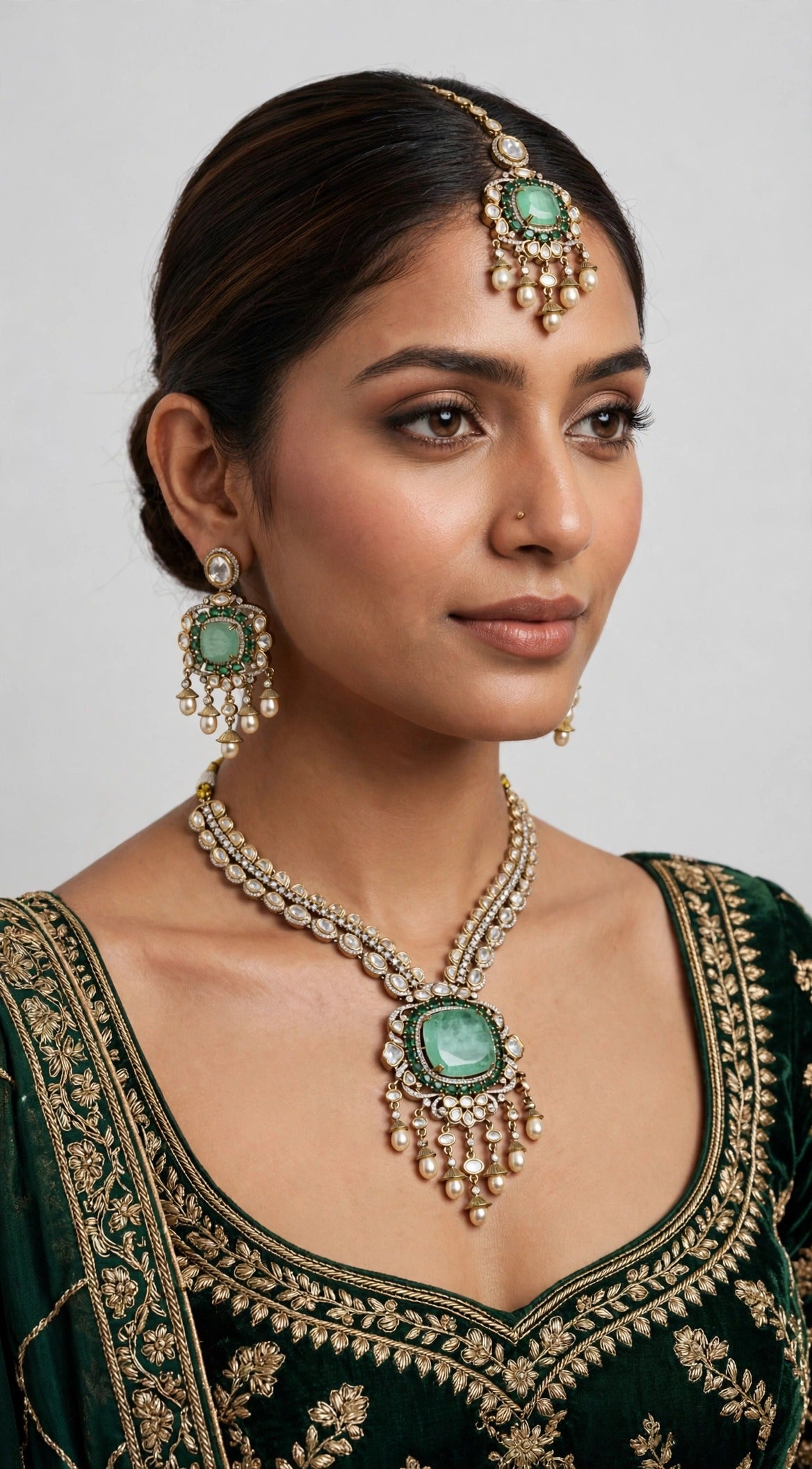 Mint Cushion Polki Bridal Set worn on model with maang tikka