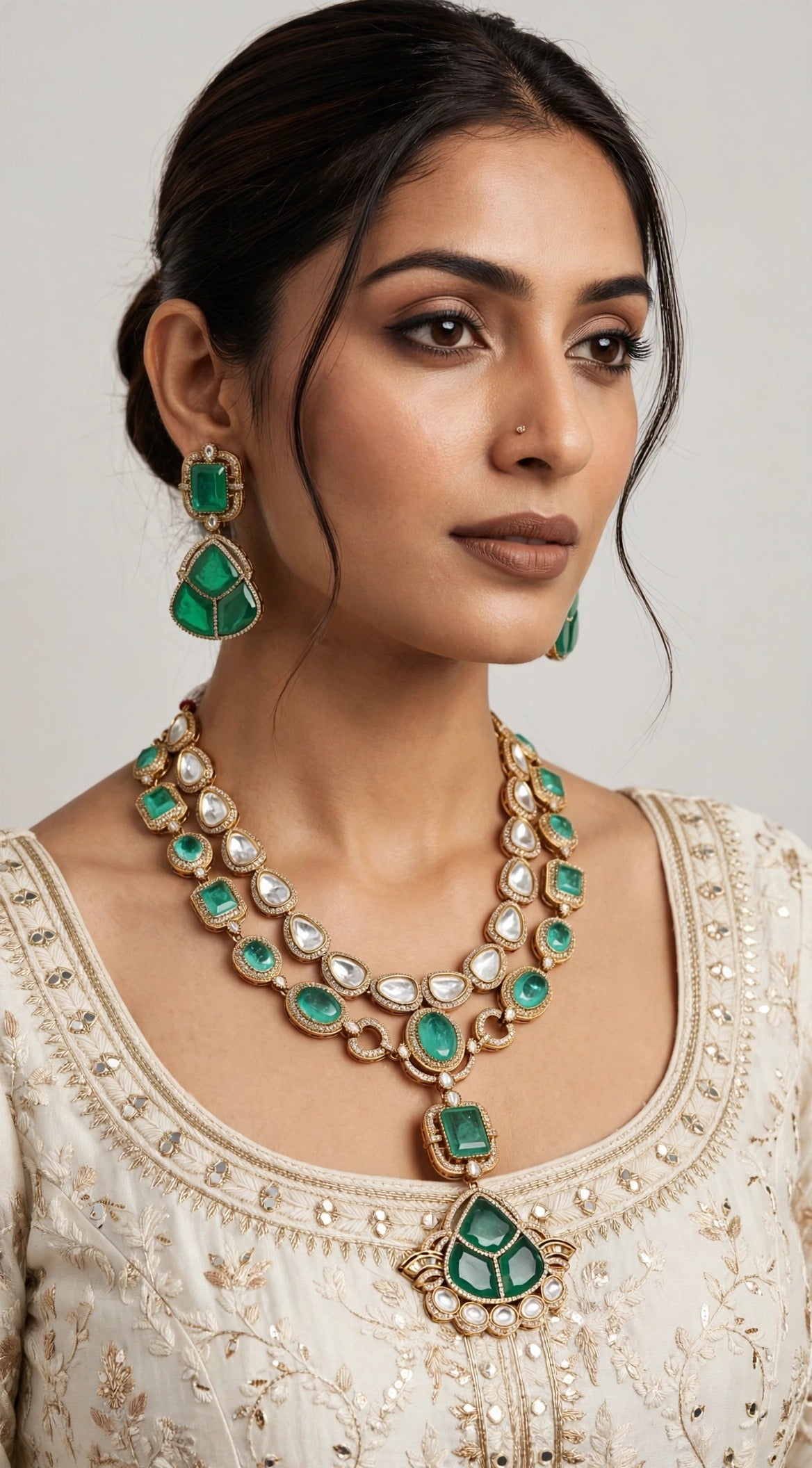 Emerald Fan Polki Set worn on model with ivory outfit