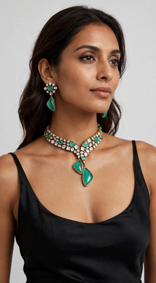 Emerald Cascade Polki Set worn on model in black