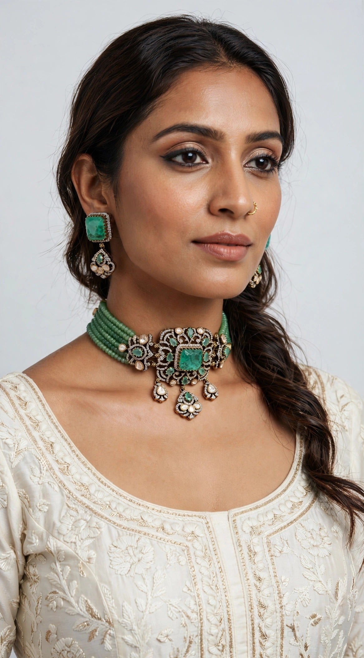 Mint Bead Polki Choker Set worn on model with ivory outfit