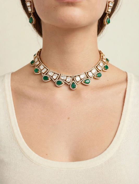 Emerald Polki Choker Set worn on model, close-up
