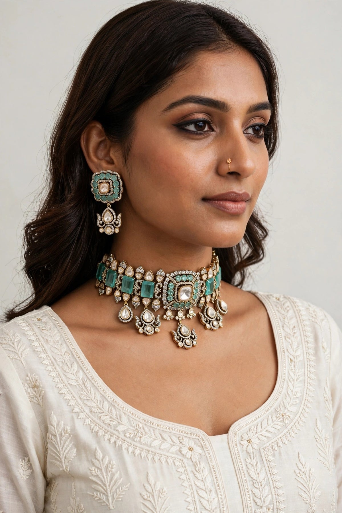 Aqua Polki Choker Set worn on model with ivory outfit