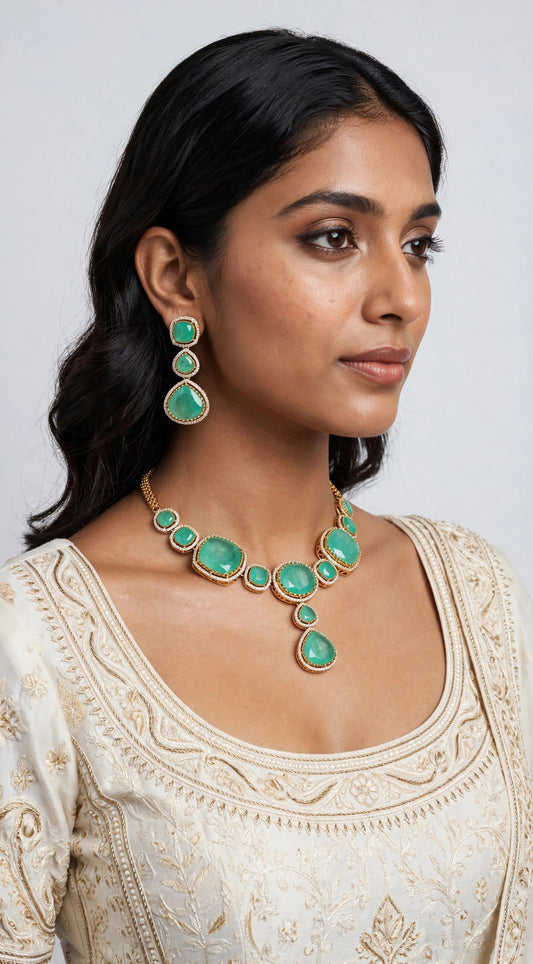 Mint Halo Necklace Set worn on model with ivory outfit