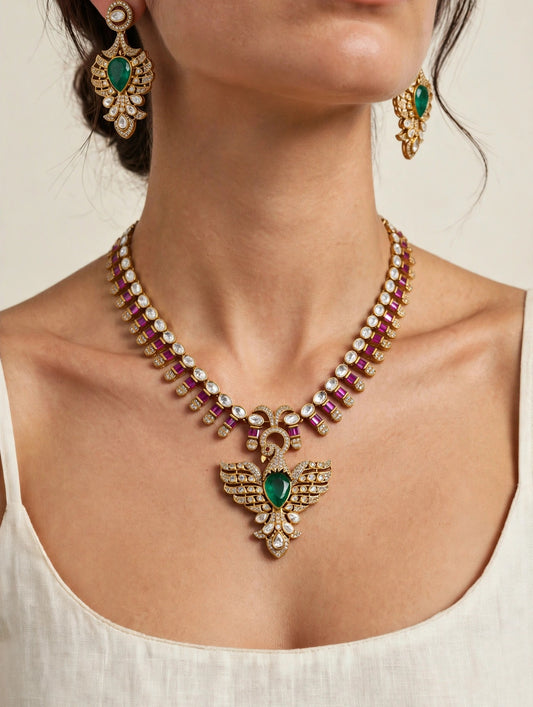 Emerald Swan Polki Set worn on model, close-up