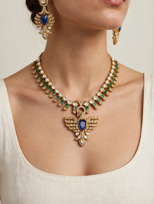 Sapphire Swan Polki Set worn on model, close-up