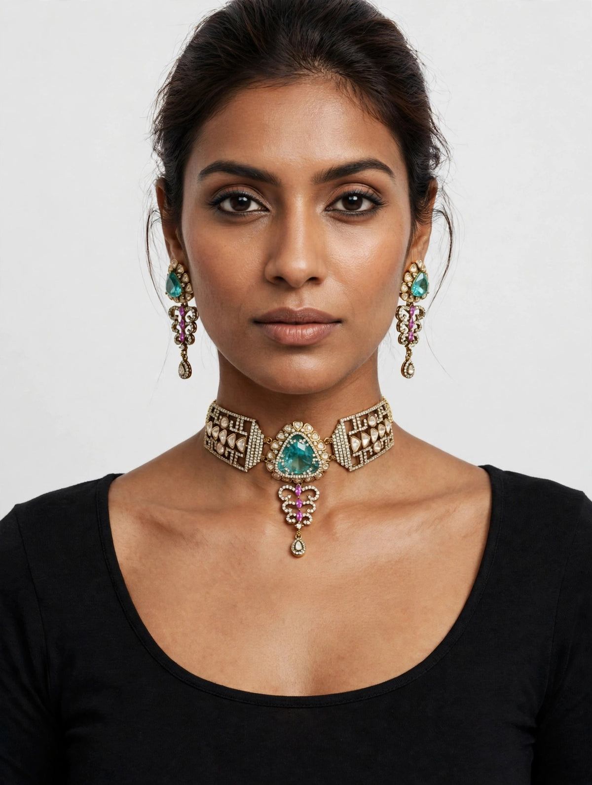 Aqua Pink Lattice Polki Choker Set worn on model