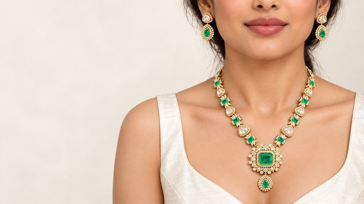 Emerald Polki Pendant Set worn on model