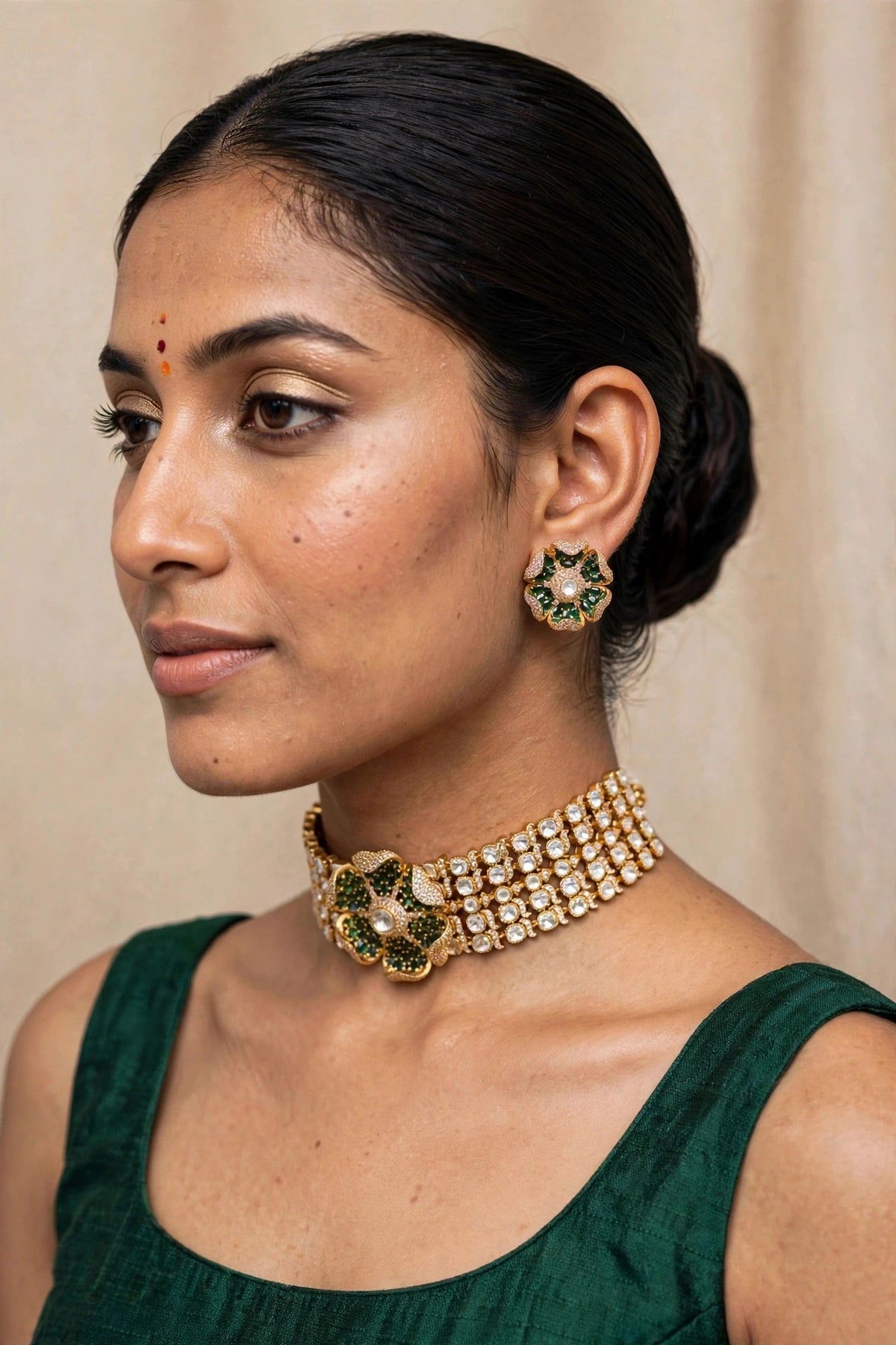 Model wearing Emerald Bloom Polki Choker Set